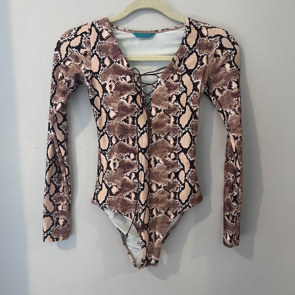 Cia Maritima Snakeskin Bodysuit Lace Up Plunge Long‎ Sleeve Top